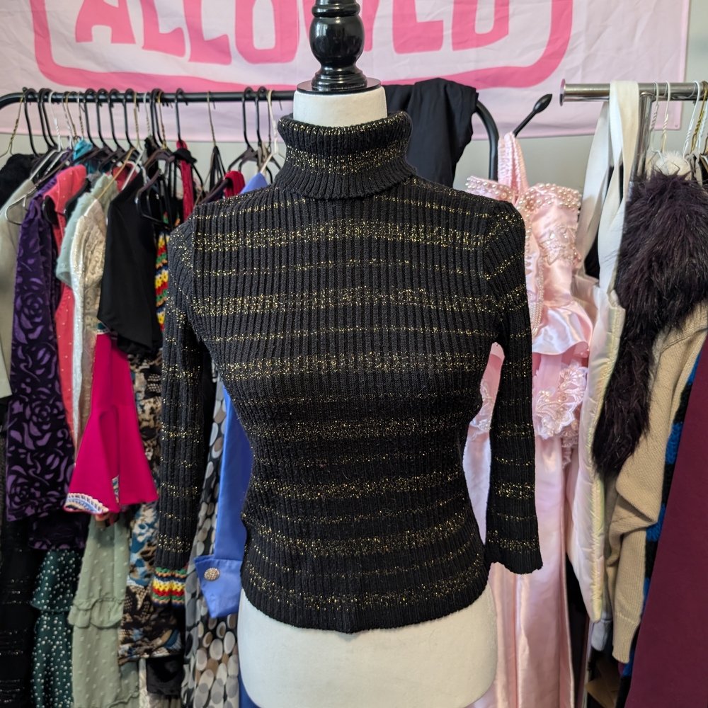 Black and Gold Ribbed Turtleneck Sweater